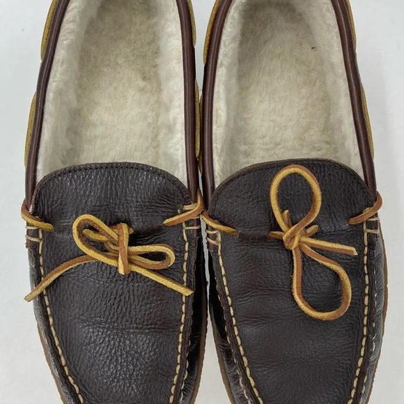 LL Bean Moccasin Slipper Brown Moc Toe Slip-On Loafer Leather 212984 Mens 10 Med - Picture 2 of 14